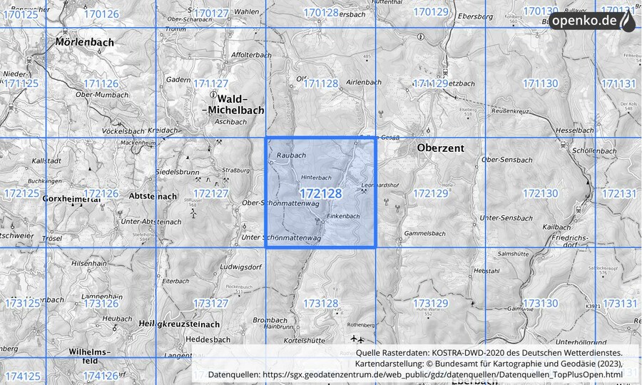 Übersichtskarte des KOSTRA-DWD-2020-Rasterfeldes Nr. 172128