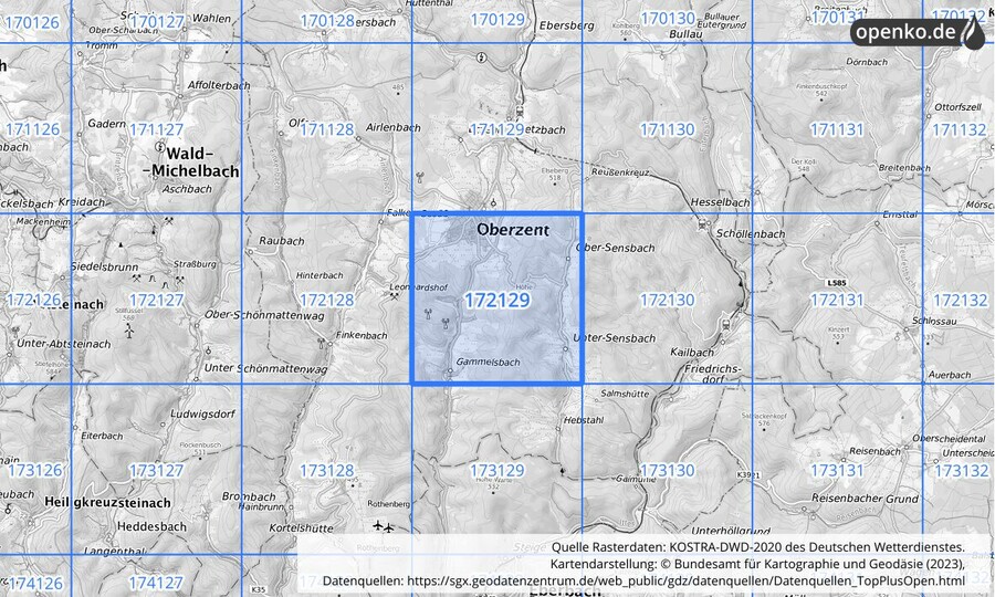 Übersichtskarte des KOSTRA-DWD-2020-Rasterfeldes Nr. 172129