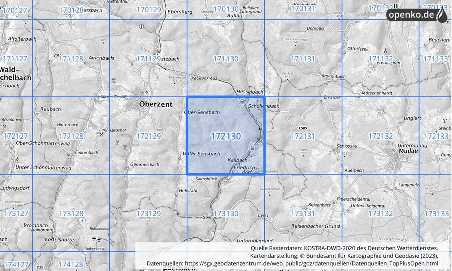 Übersichtskarte des KOSTRA-DWD-2020-Rasterfeldes Nr. 172130