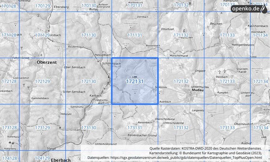 Übersichtskarte des KOSTRA-DWD-2020-Rasterfeldes Nr. 172131