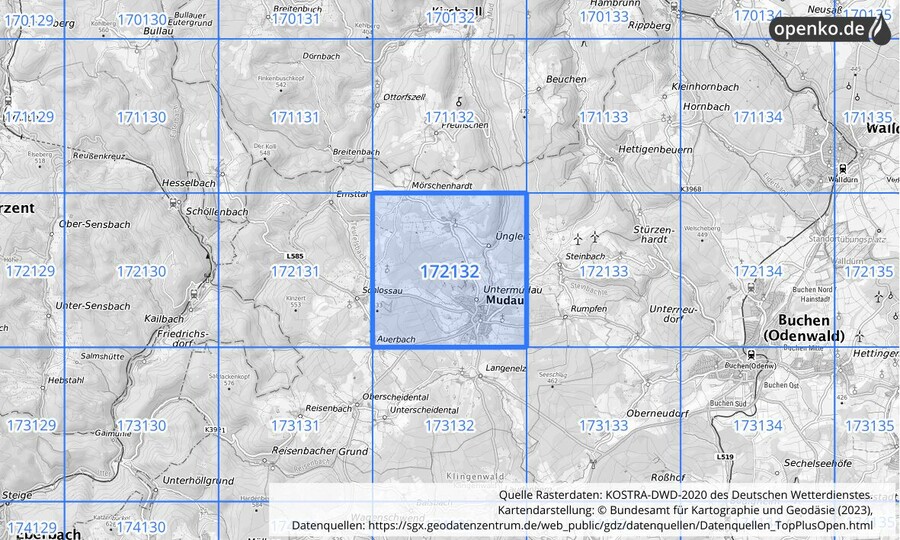 Übersichtskarte des KOSTRA-DWD-2020-Rasterfeldes Nr. 172132