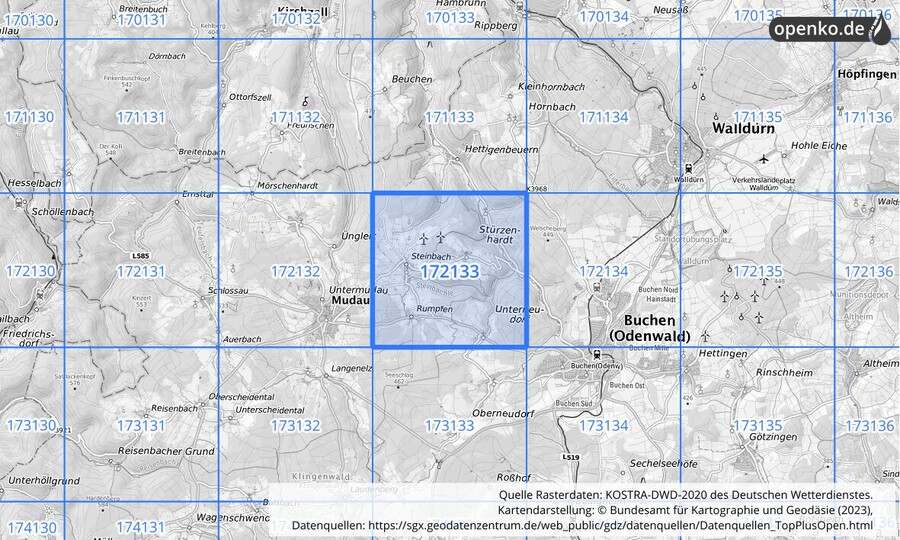 Übersichtskarte des KOSTRA-DWD-2020-Rasterfeldes Nr. 172133