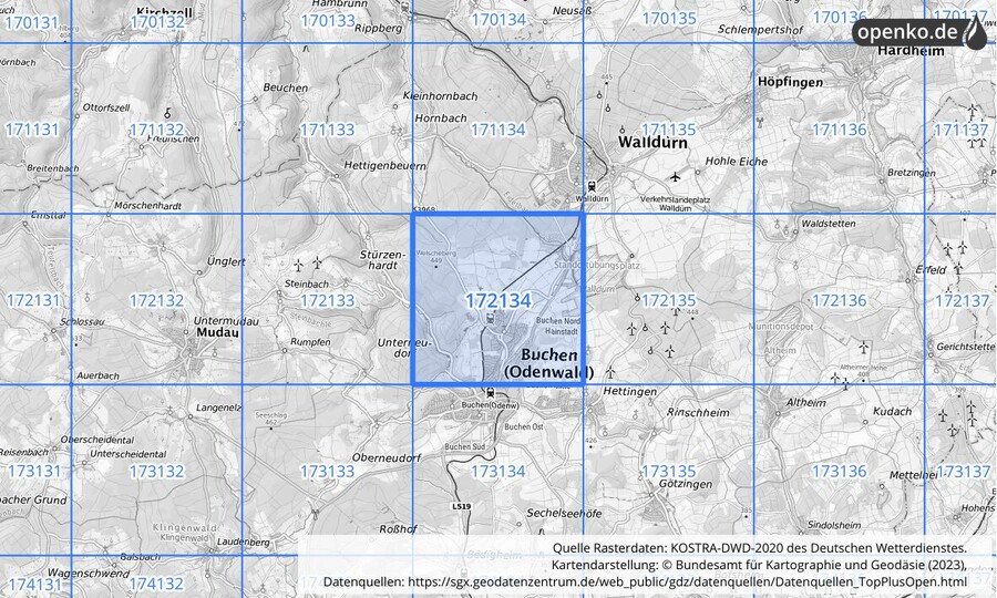 Übersichtskarte des KOSTRA-DWD-2020-Rasterfeldes Nr. 172134