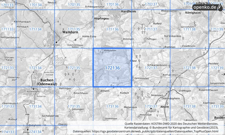 Übersichtskarte des KOSTRA-DWD-2020-Rasterfeldes Nr. 172136