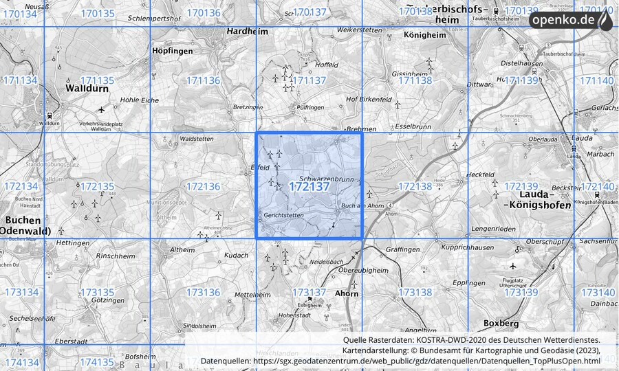 Übersichtskarte des KOSTRA-DWD-2020-Rasterfeldes Nr. 172137