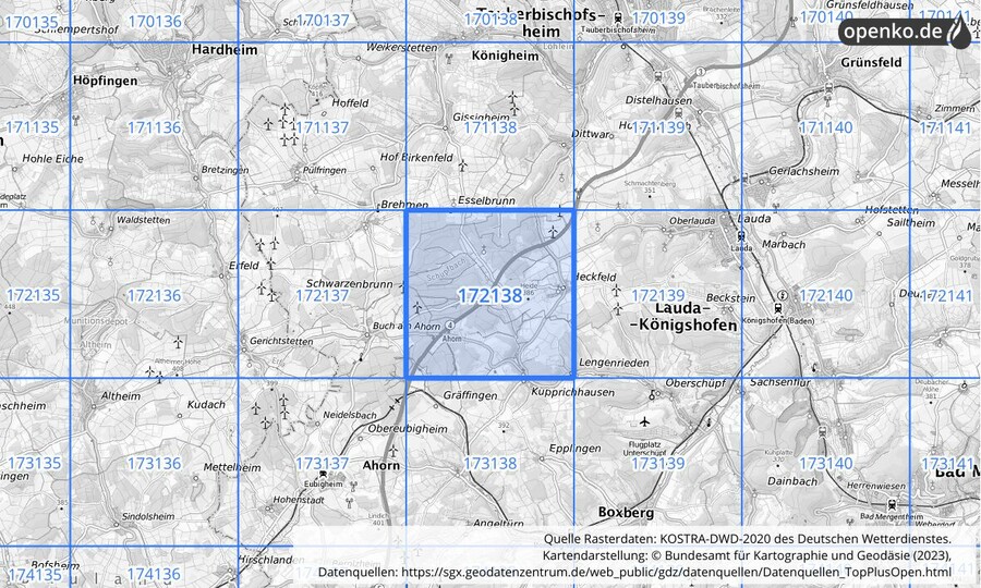 Übersichtskarte des KOSTRA-DWD-2020-Rasterfeldes Nr. 172138