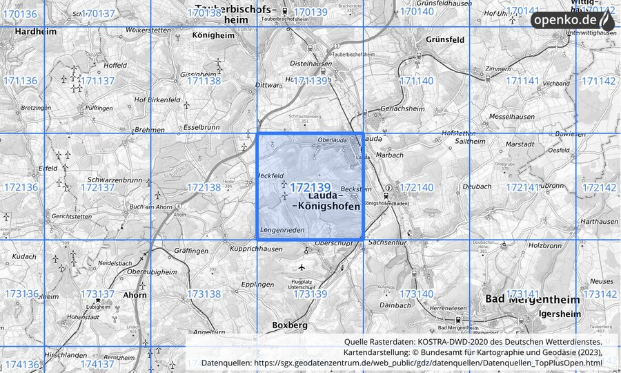 Übersichtskarte des KOSTRA-DWD-2020-Rasterfeldes Nr. 172139