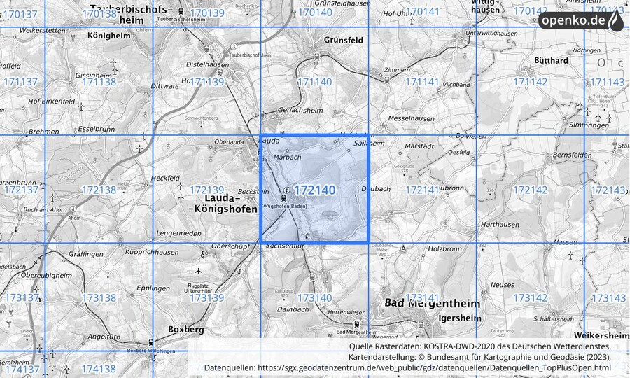 Übersichtskarte des KOSTRA-DWD-2020-Rasterfeldes Nr. 172140