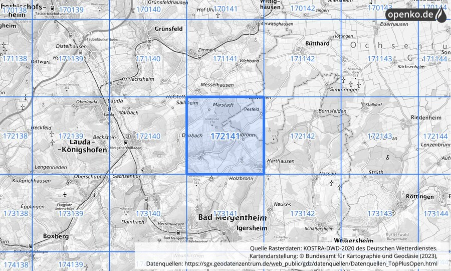 Übersichtskarte des KOSTRA-DWD-2020-Rasterfeldes Nr. 172141