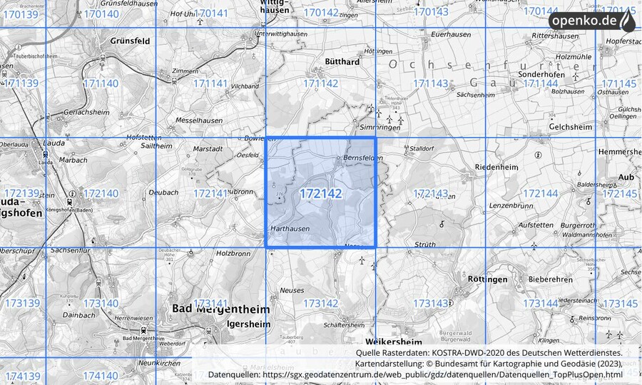 Übersichtskarte des KOSTRA-DWD-2020-Rasterfeldes Nr. 172142