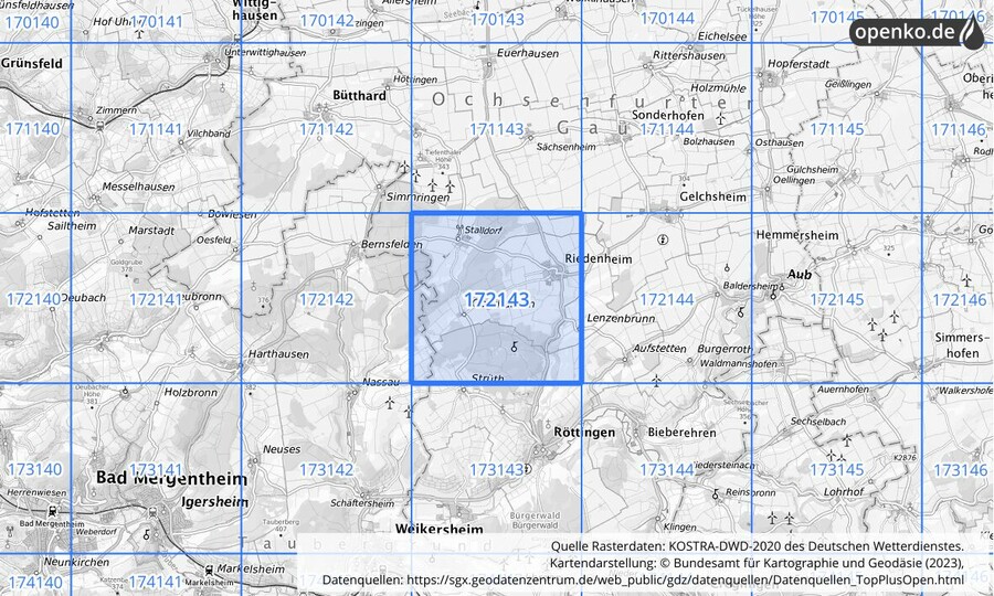 Übersichtskarte des KOSTRA-DWD-2020-Rasterfeldes Nr. 172143