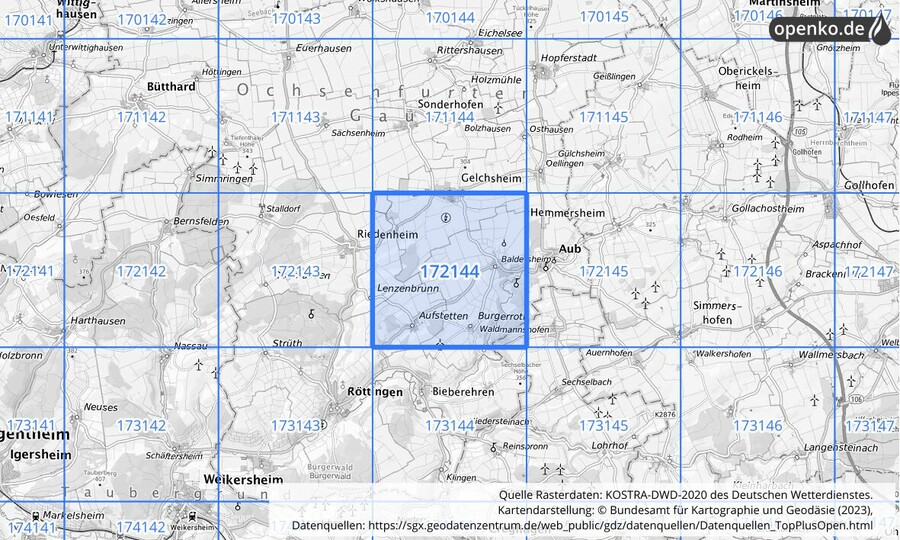 Übersichtskarte des KOSTRA-DWD-2020-Rasterfeldes Nr. 172144