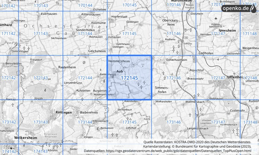 Übersichtskarte des KOSTRA-DWD-2020-Rasterfeldes Nr. 172145