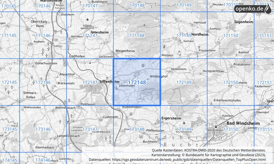 Übersichtskarte des KOSTRA-DWD-2020-Rasterfeldes Nr. 172148