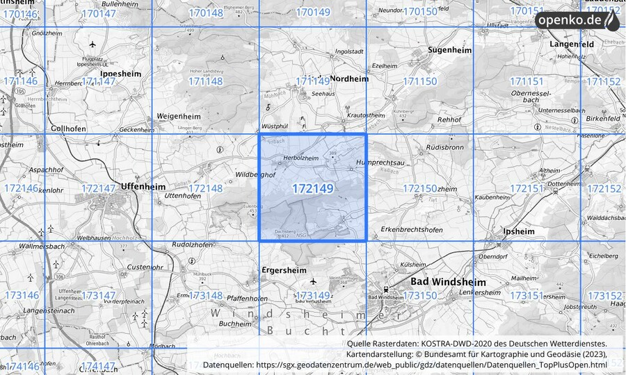 Übersichtskarte des KOSTRA-DWD-2020-Rasterfeldes Nr. 172149