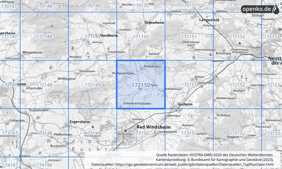 Übersichtskarte des KOSTRA-DWD-2020-Rasterfeldes Nr. 172150