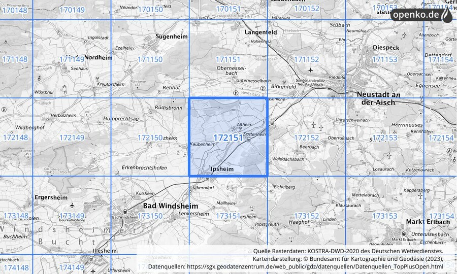 Übersichtskarte des KOSTRA-DWD-2020-Rasterfeldes Nr. 172151
