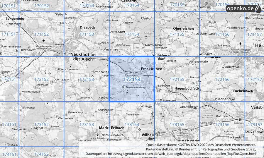 Übersichtskarte des KOSTRA-DWD-2020-Rasterfeldes Nr. 172154