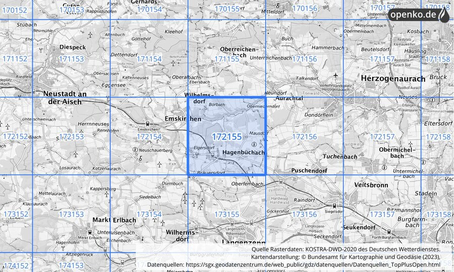 Übersichtskarte des KOSTRA-DWD-2020-Rasterfeldes Nr. 172155