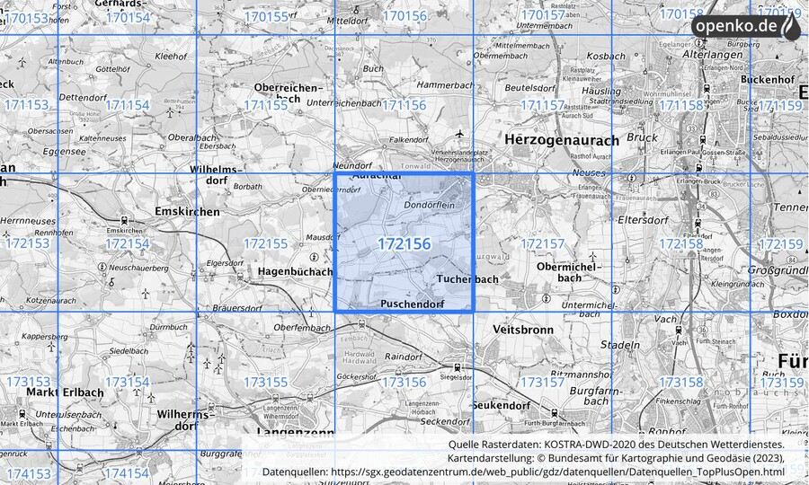 Übersichtskarte des KOSTRA-DWD-2020-Rasterfeldes Nr. 172156