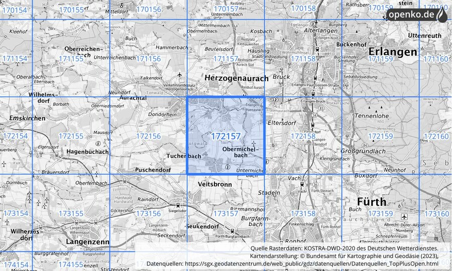 Übersichtskarte des KOSTRA-DWD-2020-Rasterfeldes Nr. 172157