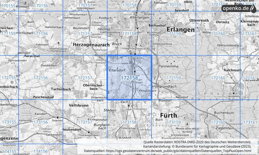 Übersichtskarte des KOSTRA-DWD-2020-Rasterfeldes Nr. 172158