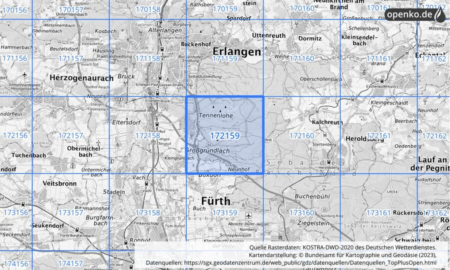 Übersichtskarte des KOSTRA-DWD-2020-Rasterfeldes Nr. 172159