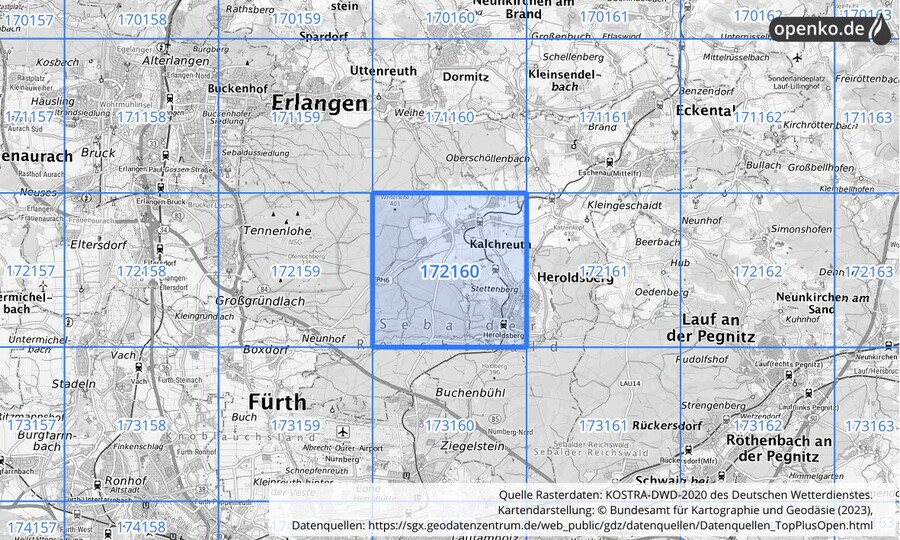 Übersichtskarte des KOSTRA-DWD-2020-Rasterfeldes Nr. 172160