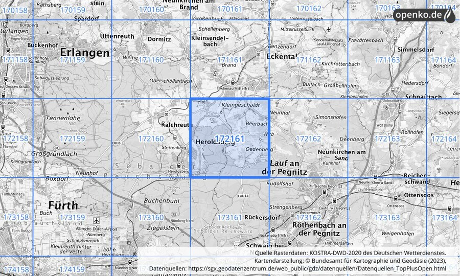 Übersichtskarte des KOSTRA-DWD-2020-Rasterfeldes Nr. 172161