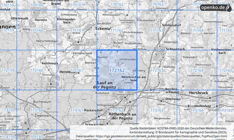 Übersichtskarte des KOSTRA-DWD-2020-Rasterfeldes Nr. 172162