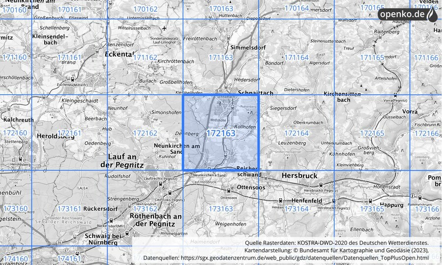 Übersichtskarte des KOSTRA-DWD-2020-Rasterfeldes Nr. 172163