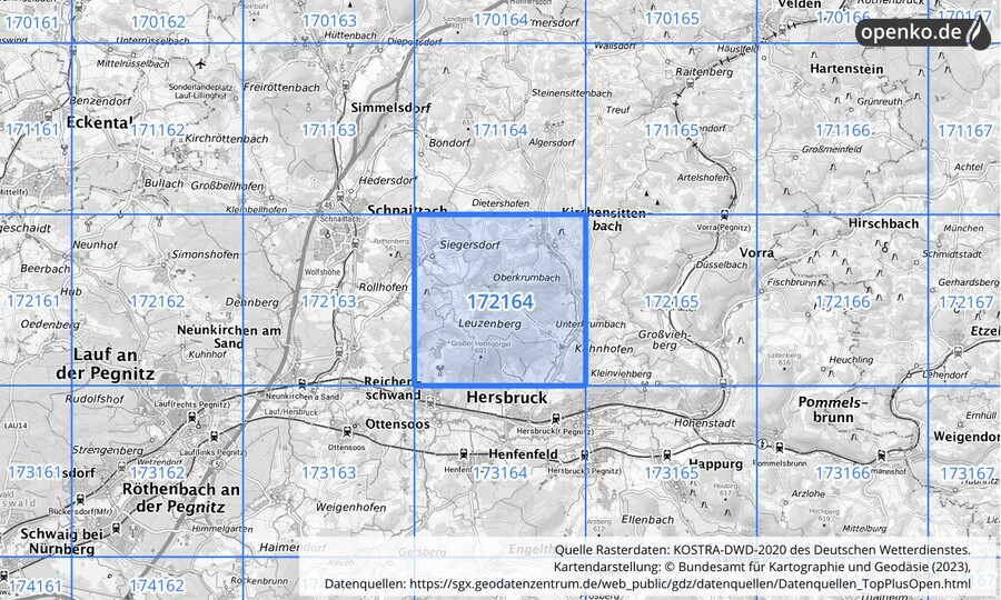Übersichtskarte des KOSTRA-DWD-2020-Rasterfeldes Nr. 172164