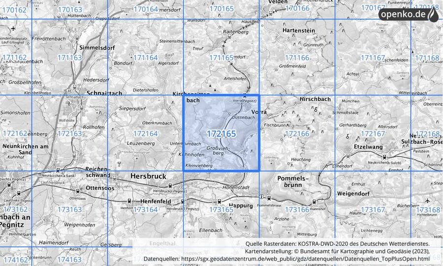 Übersichtskarte des KOSTRA-DWD-2020-Rasterfeldes Nr. 172165