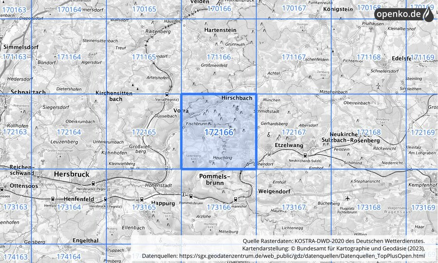 Übersichtskarte des KOSTRA-DWD-2020-Rasterfeldes Nr. 172166