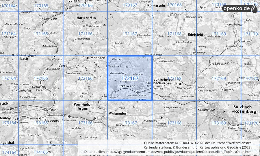 Übersichtskarte des KOSTRA-DWD-2020-Rasterfeldes Nr. 172167