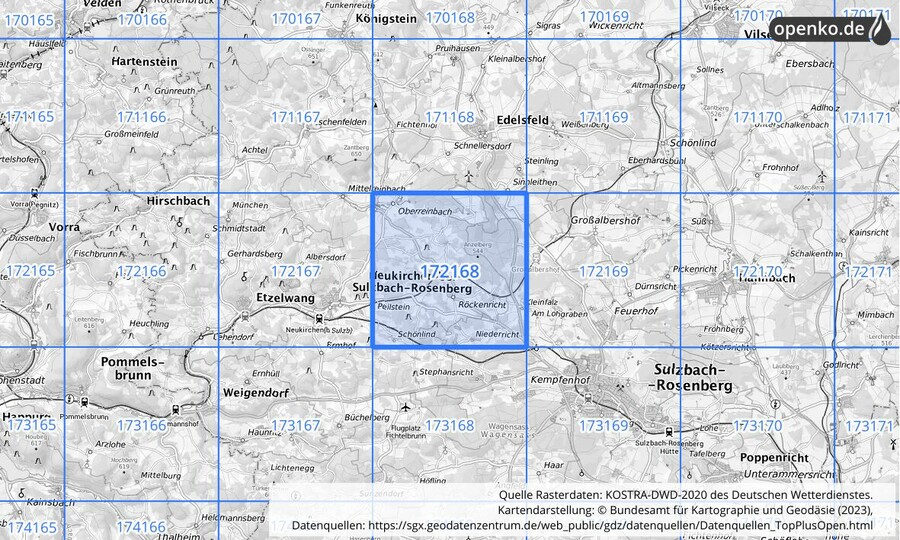 Übersichtskarte des KOSTRA-DWD-2020-Rasterfeldes Nr. 172168