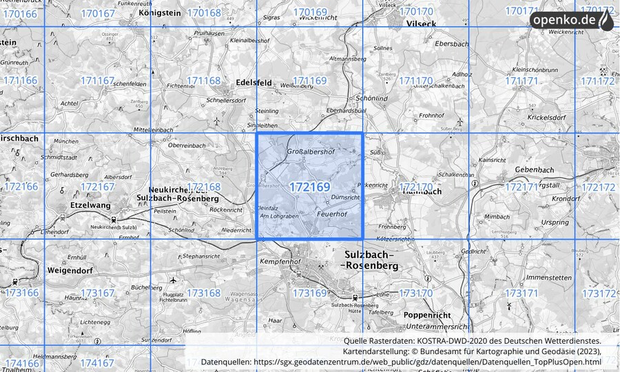 Übersichtskarte des KOSTRA-DWD-2020-Rasterfeldes Nr. 172169