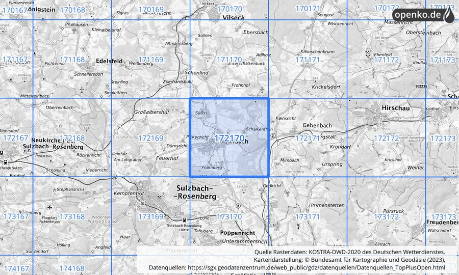 Übersichtskarte des KOSTRA-DWD-2020-Rasterfeldes Nr. 172170