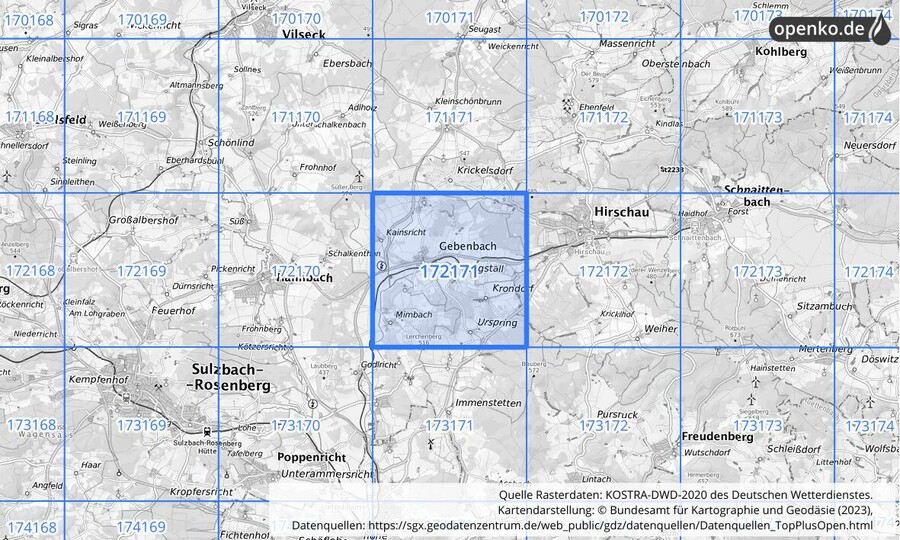 Übersichtskarte des KOSTRA-DWD-2020-Rasterfeldes Nr. 172171