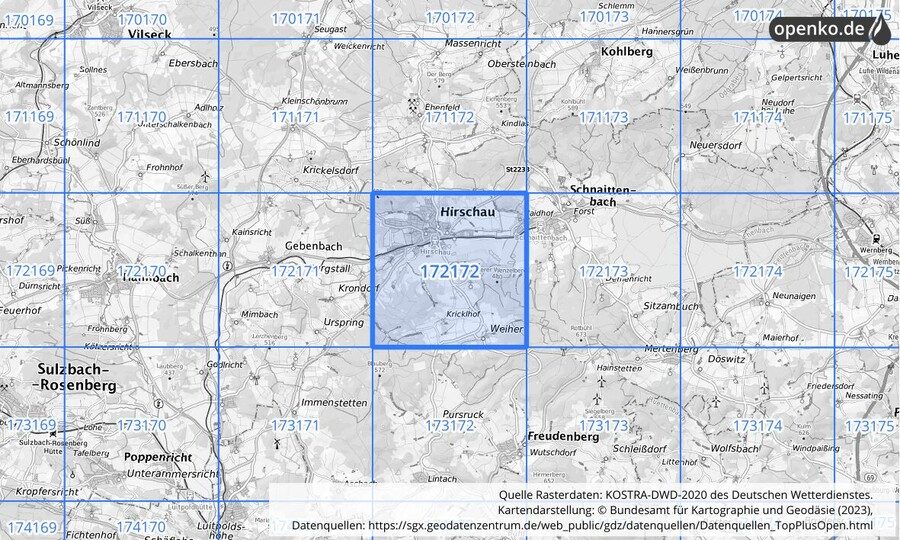 Übersichtskarte des KOSTRA-DWD-2020-Rasterfeldes Nr. 172172