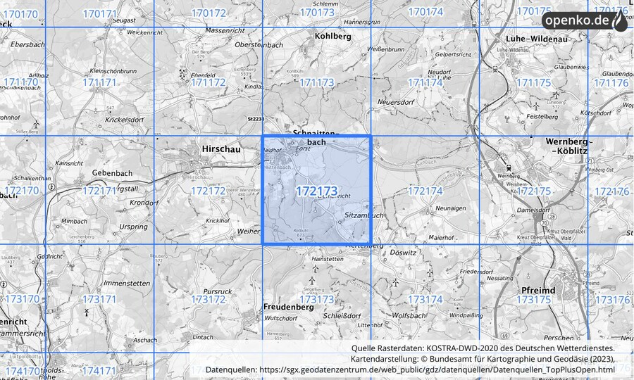 Übersichtskarte des KOSTRA-DWD-2020-Rasterfeldes Nr. 172173