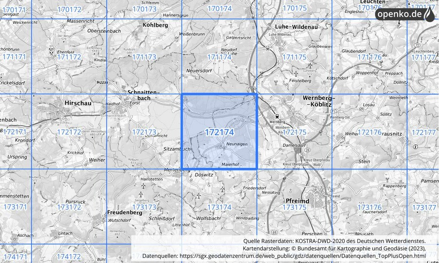 Übersichtskarte des KOSTRA-DWD-2020-Rasterfeldes Nr. 172174