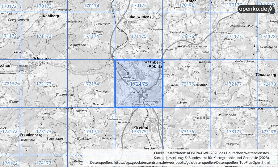 Übersichtskarte des KOSTRA-DWD-2020-Rasterfeldes Nr. 172175