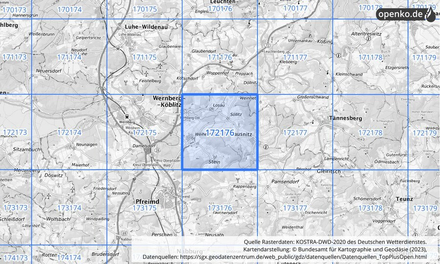 Übersichtskarte des KOSTRA-DWD-2020-Rasterfeldes Nr. 172176