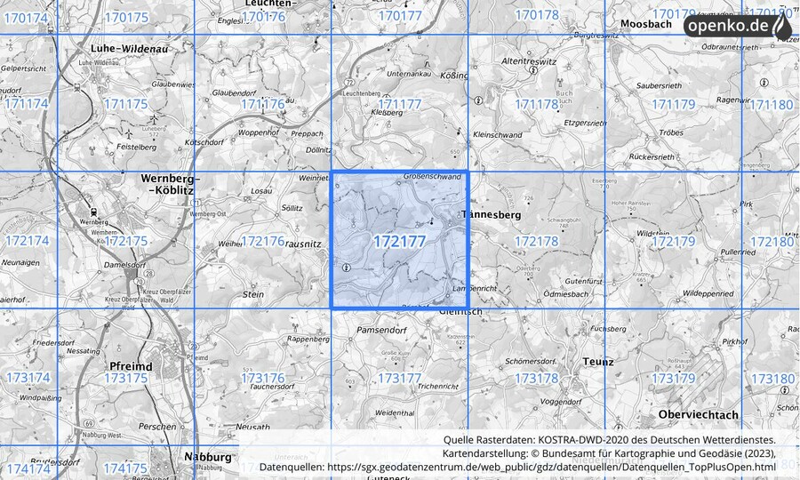 Übersichtskarte des KOSTRA-DWD-2020-Rasterfeldes Nr. 172177