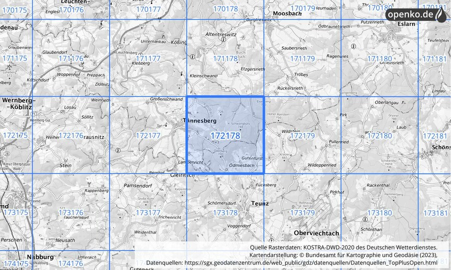 Übersichtskarte des KOSTRA-DWD-2020-Rasterfeldes Nr. 172178