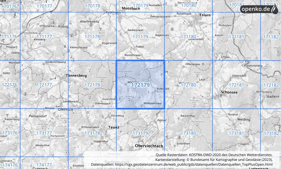 Übersichtskarte des KOSTRA-DWD-2020-Rasterfeldes Nr. 172179