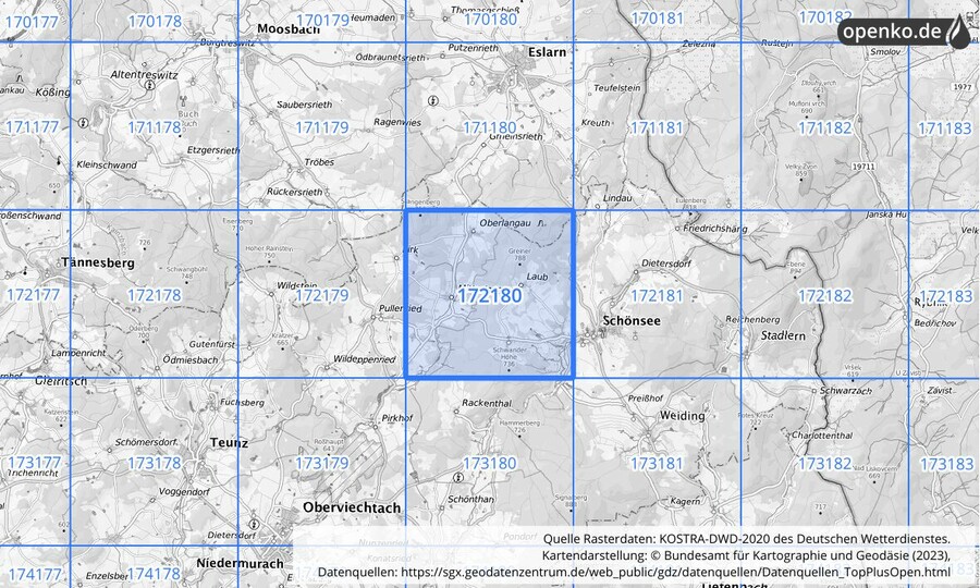 Übersichtskarte des KOSTRA-DWD-2020-Rasterfeldes Nr. 172180