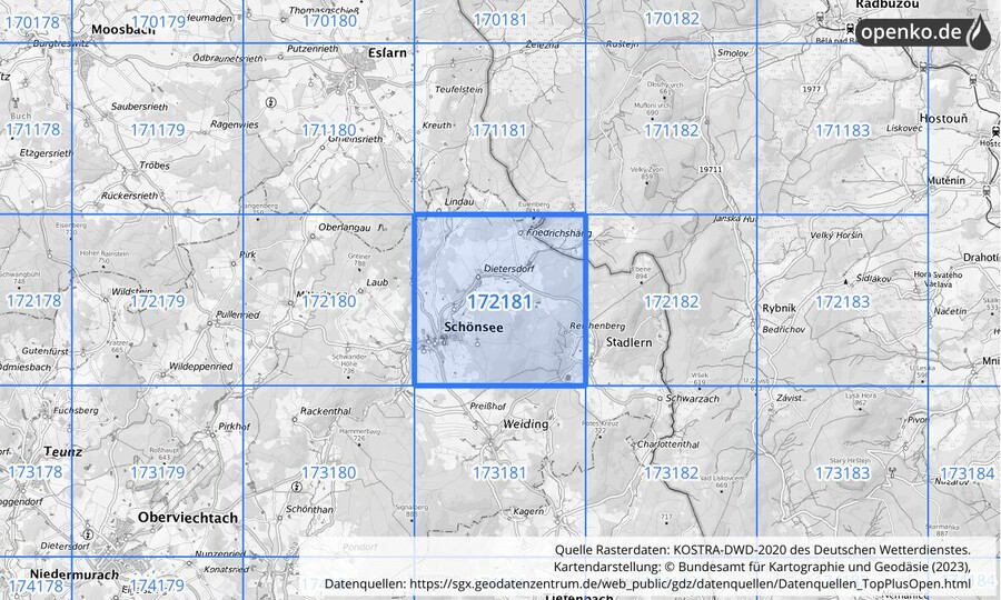 Übersichtskarte des KOSTRA-DWD-2020-Rasterfeldes Nr. 172181