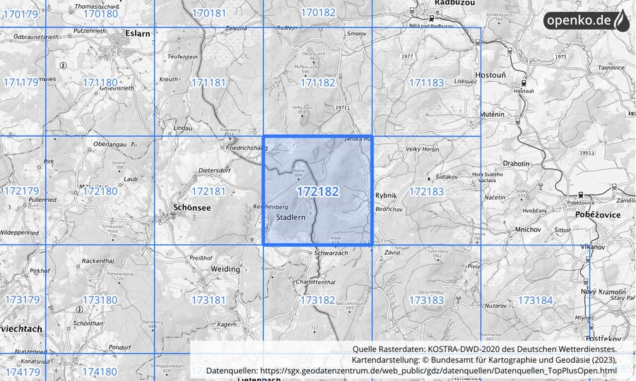 Übersichtskarte des KOSTRA-DWD-2020-Rasterfeldes Nr. 172182